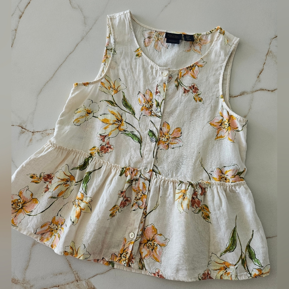 Rachel Roy Cream Floral 100% Linen Peplum Sleeveless Blouse Size Small